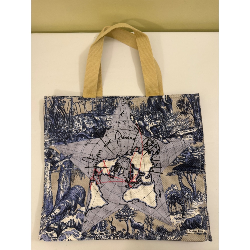 Dior Beauty GWP Around the World Map Print Straw Tote 16x14x5 New